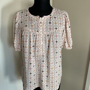 LOFT Floral Angled Yoke Blouse M Medium Pink Puff Sleeve Mandarin Collar Top